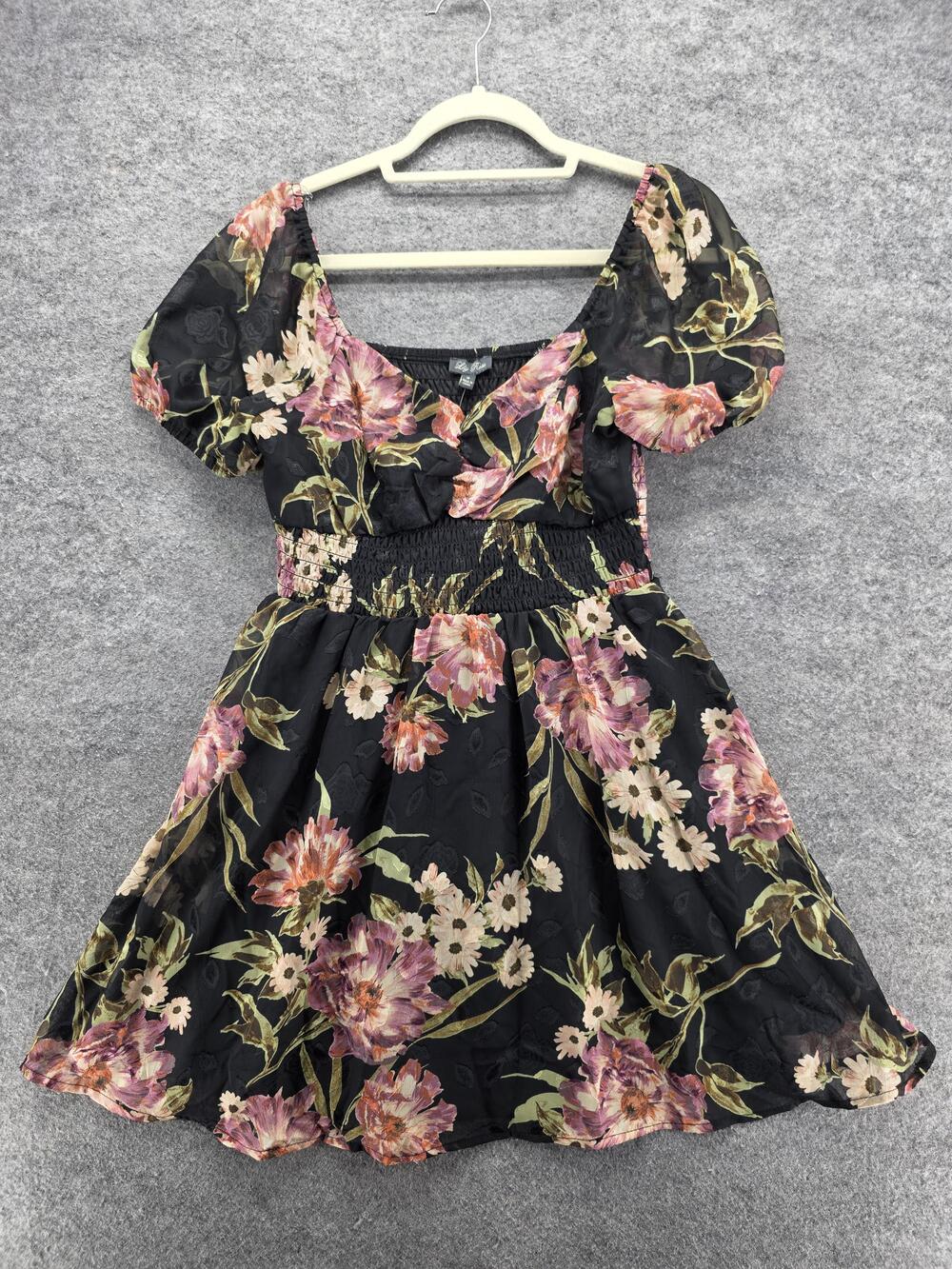Lily Rose Dress Womens Medium Black Olive Mauve Floral Puff Sleeve Smocked Waist
